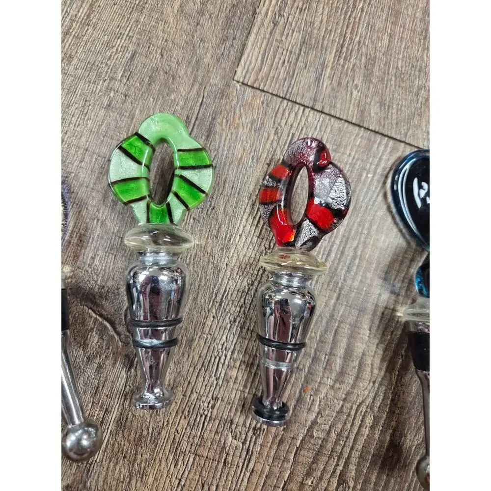 Hand- Blow Glass Art Colored Wine Bottle Stoppers Silver Metal Lot of 5